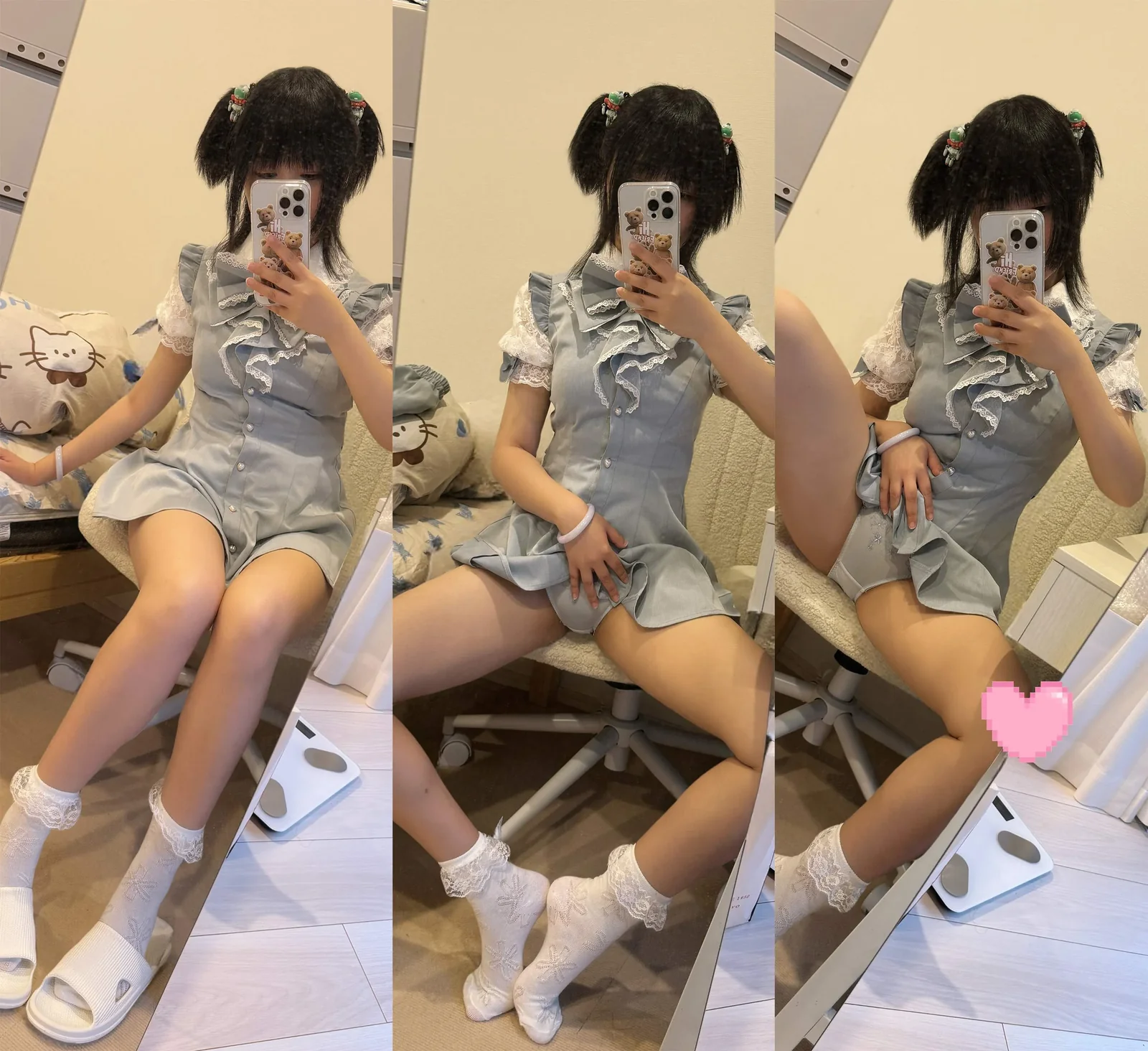 铭铭kizami双马尾浅蓝荷叶边短裙自拍组合画面